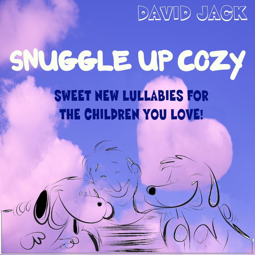 Snuggle Up Cozy album cover with dreamy clouds and cartoon characters